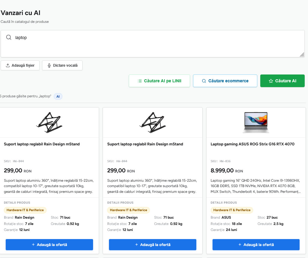 Căutare produse cu AI în catalogul monitorizat