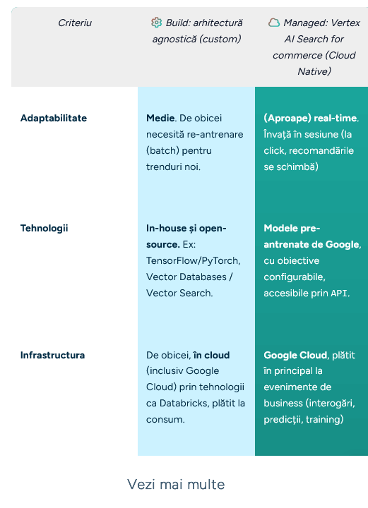 Comparație Build Custom vs Managed Cloud Native pentru recomandări AI