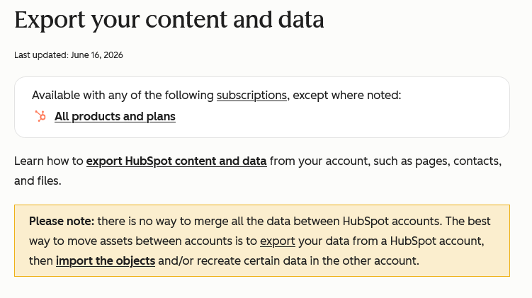 HubSpot export conținut și date