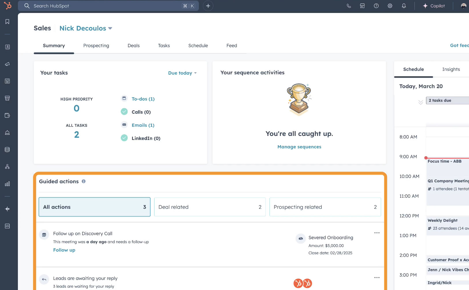 Experiența clasică Guided Actions în HubSpot: utilizatorul știe ce are de făcut