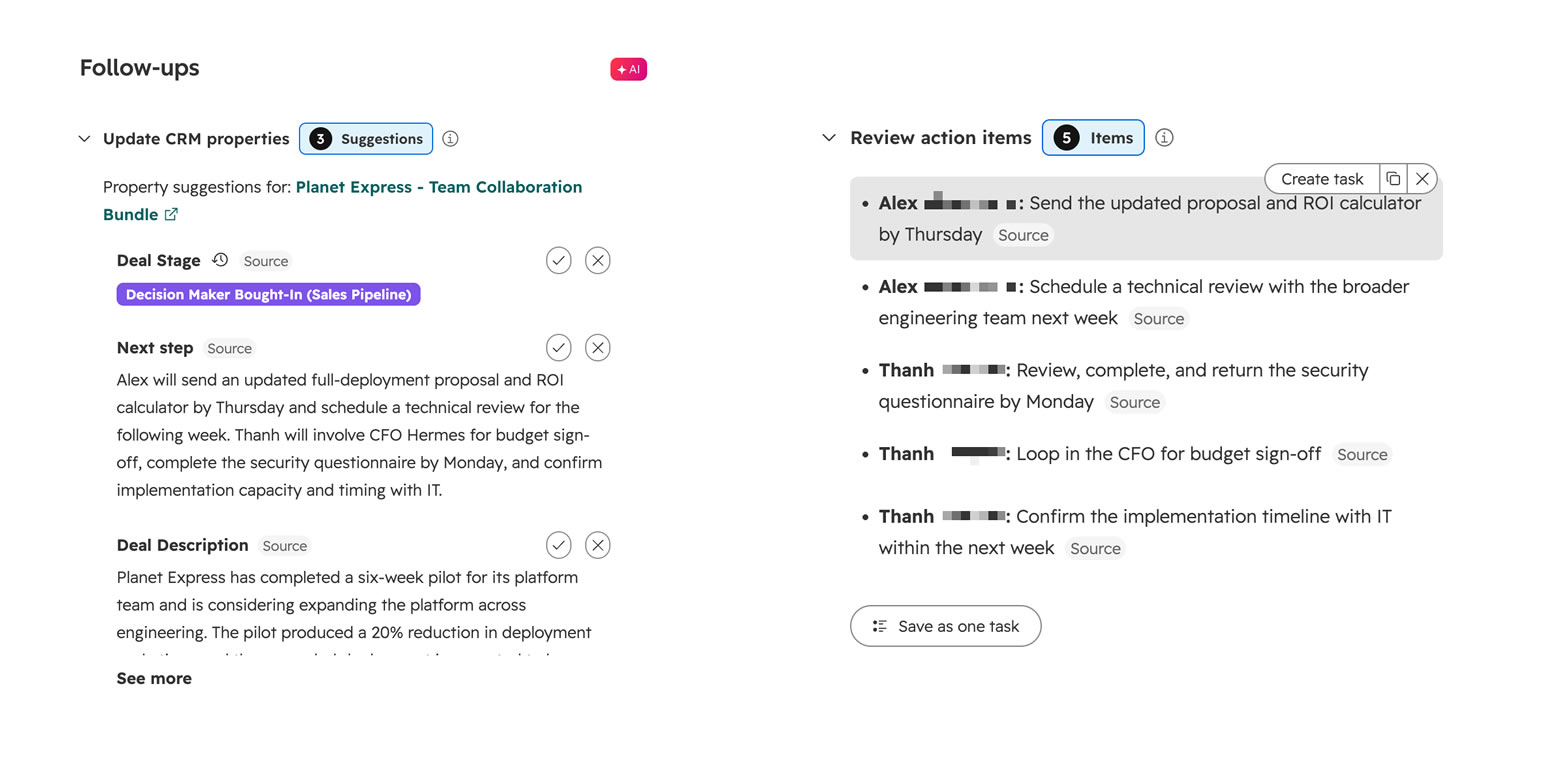 După o întâlnire, HubSpot sugerează modificări în CRM și taskuri sau emailuri efective de trimis