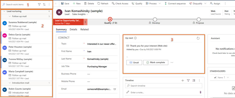 Liste de lucru (work lists) care centralizează următorii pași pentru leaduri pe baza secvențelor în Dynamics 365