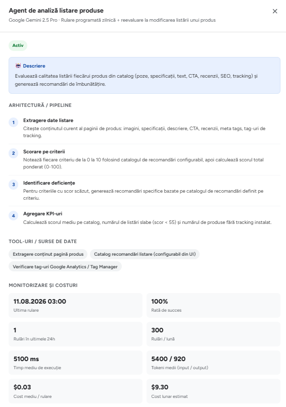 Vânzări cu AI 2.0: detaliu agent - tokeni, timp mediu, cost/rulare și cost lunar