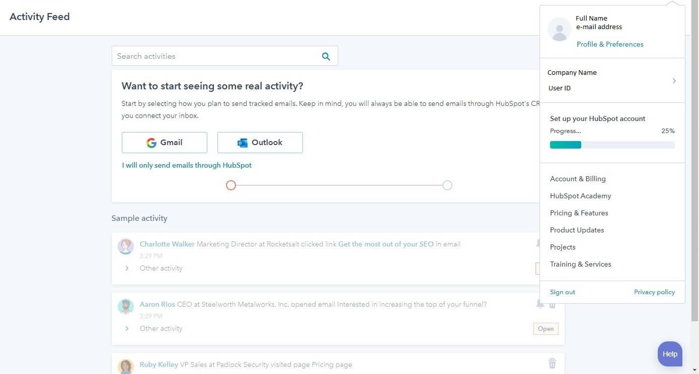 HubSpot Activity panel