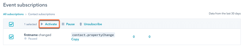 HubSpot activate subscriptions for webhooks