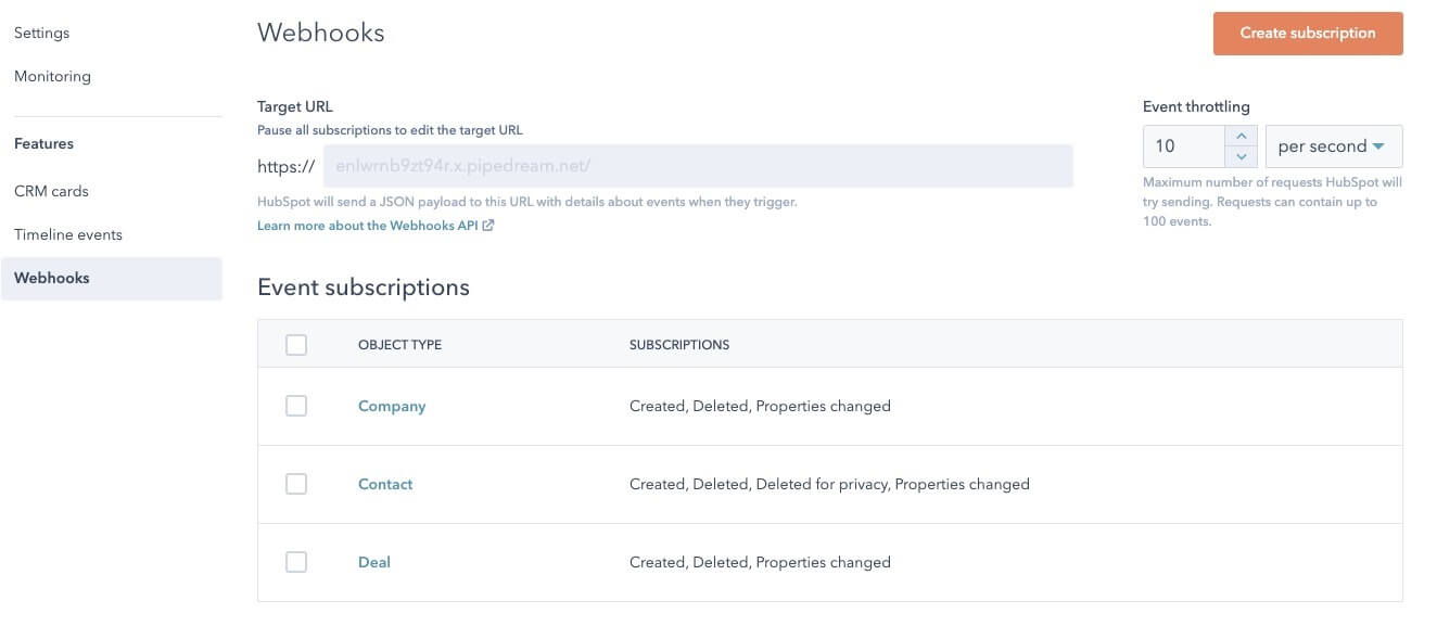 HubSpot webhooks subscriptions